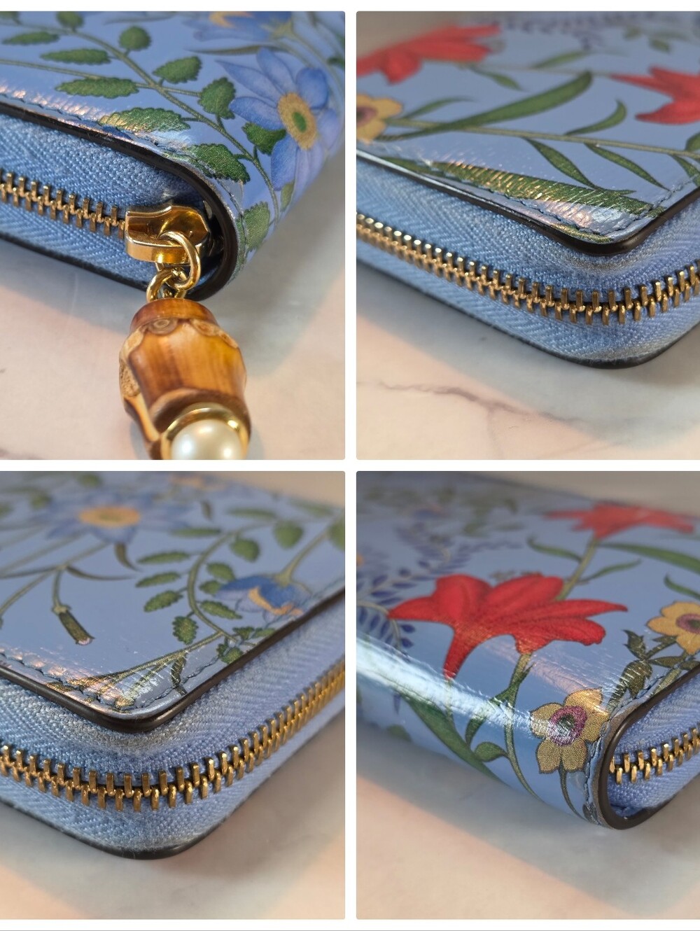 Gucci Blue Flora Zip Wallet with Bamboo Pull - Picture 7 of 11
